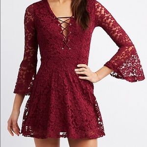 Burgundy Lace Lattice-Front Skater Dress